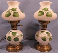 2 MID CENTURY MILK GLASS HAND PAINTED IVY LAMPS