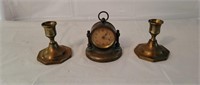 Brass German Alarm Clock, Brass Candle Holders