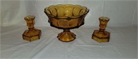 Fostoria Amber Coin Spot Compote & Candle Holders