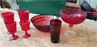 Red glass bowl, goblets, glass