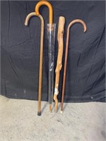 Umbrella & 3 Wooden Walking Sticks