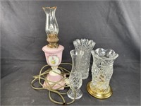 3 pcs. of cut glass and small  vintage lamp