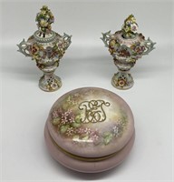Porcelain Urns & Limoges Vanity Jar.