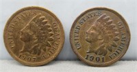 (2) Indian Head Pennies. Dates Include: 1901 and