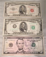 (3) Various Date US $5 Bills.