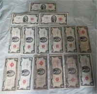 (15) Various Date Red Stamp $2 Bills.
