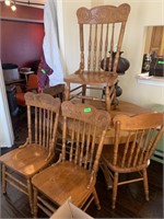 VTG OAK WOOD PEDESTAL DINING TABLE W 6 CHAIRS