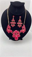 Fuchsia and Gold Necklace and Matching Pierced