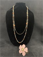 Pink & Pearl Layered Necklace & Pink Flower