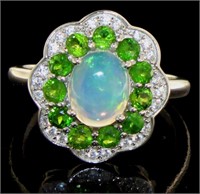 Natural Opal, Chrome Diopside, & Topaz Ring