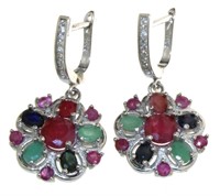 Genuine Ruby, Sapphire, & Emerald Dangle Earrings