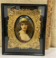 Framed painted porcelain plate in shadowbox