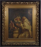 Antique Framed Oil Painting Monks Drinking Wine