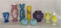 (9) Pieces of Hand Painted Artglass, Rose Bowls an