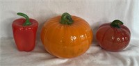 (2) Art Glass Pumpkins and One Pepper