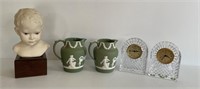 (2) Wedgwood Style Pitchers, (2) Waterford Clocks