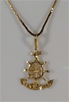 14K Gold Ships Wheel / Anchor Pendant & Necklace