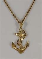 14K Gold Ship Anchor Pendant & 14k Rope Necklace