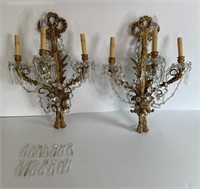 Pair of 1920's Gilded Bronze and Crystal Wall Scon