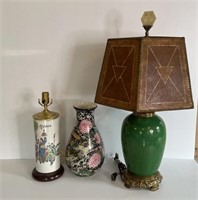 Chinese Lamp with Mica Shade, Lamp Base and Vase