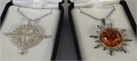 (2)Sterling Silver Baltic Amber & CZ Necklaces