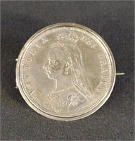 Antique 1892 1/2 Crown Silver Coin Brooch