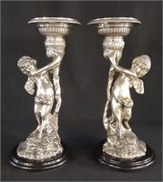 Pair of Electro Plate Cherub Candlestick Holders