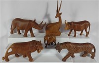 6 Hand Carved African Animal Figures