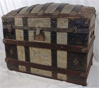 Antique Hump Back Punched Tin & Wood Trunk