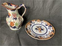 English 19th Century Chinoiserie Plate and Pitcher
