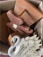 Box of wooden items, porcelain items and ash tray