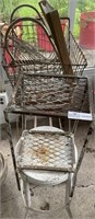 Lot of metal items shopping cart, stool, and