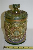 Imperial Green Carnival Glass Lidded Biscuit Jar