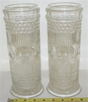 Pair Pressed Glass Cylinder 9.75" Tall Vases