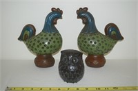 (2) Vtg Chalkware Chickens + Ceramic Owl pcs