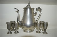 Pewter Pitcher w/ (6) Footed Cordials Glasses