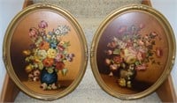 Pair Oval Framed Textured Bouquets Wall Art