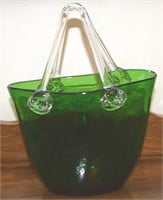 Art Glass Green & Clear Appl'd Handle Basket