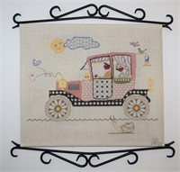 Vtg Embroidered Automobile Wall Art 19.5" wide
