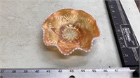 Marigold opalescent carnival glass candy dish