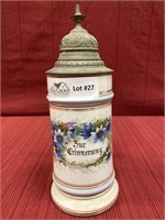 Porcelain beer stein with lithophane and pewter