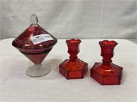 Two Fostoria coin pattern ruby glass candlestick