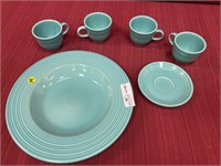 Six pieces turquoise fiesta ware bowl, 4 tea cups