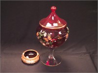 Two pieces of highly decorated glass: 14 1/2" red