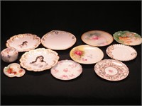 11 pieces of decorated vintage china: nine are