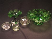 Five vintage glass serving items with green