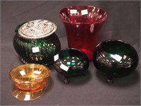 Five pieces of colored glass, mostly Depression