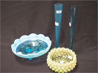 Four pieces of colored glass: vaseline hobnail 5"