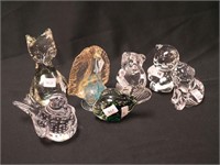 Seven glass figurines: cats, birds, bear and fish