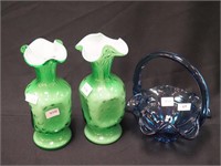 Pair of green and white 7" glass vases with